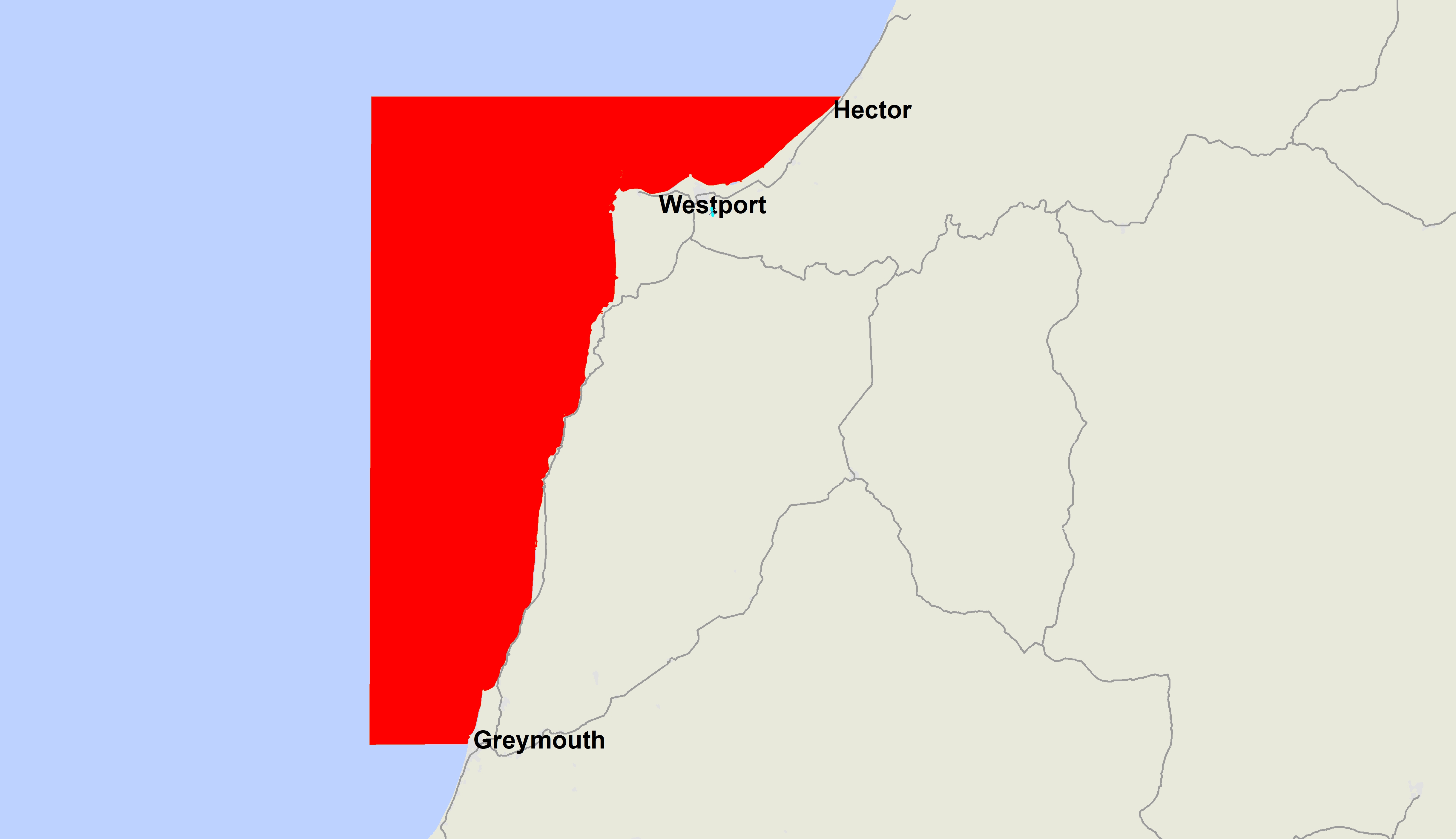 Map highlighting in red the area on the West Coast affected by the shellfish biotoxin alert.