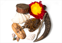 wooden mask, hand drum, tusks, shells