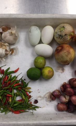 A tray of food items including chillies and garlic bulbs that were infested with fruit fly.