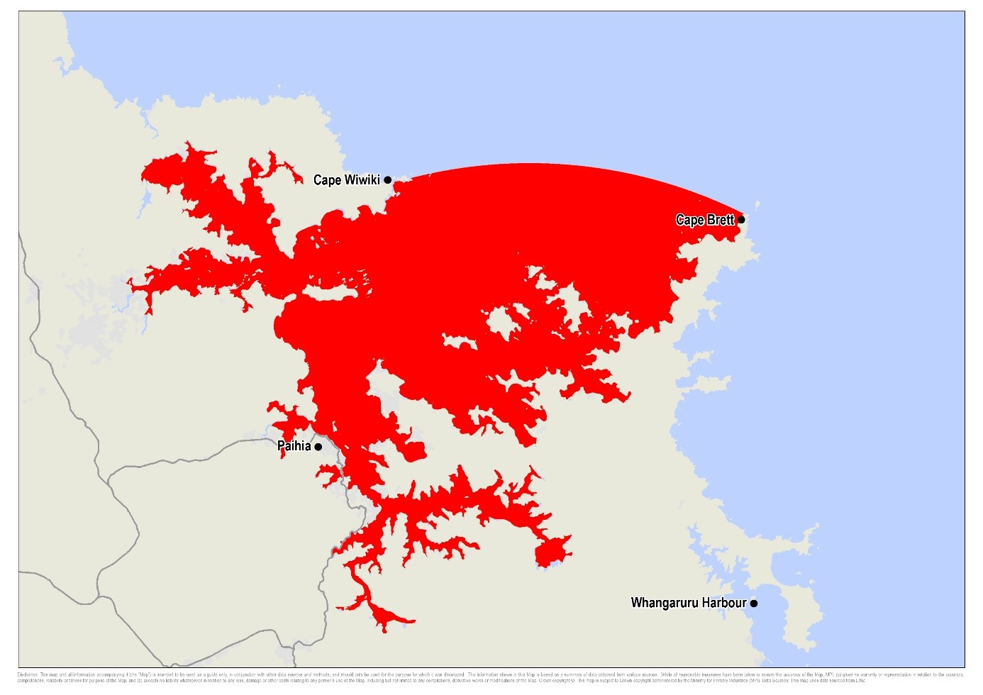 The affected area is inside a line between Cape Brett and Cape Wiwiki.
