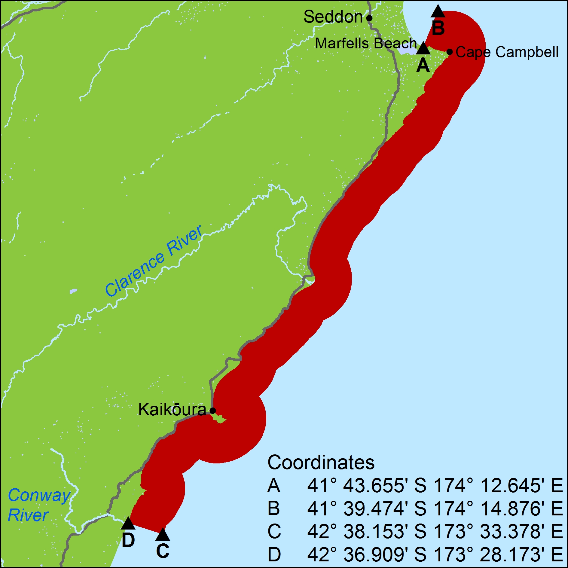 November 2016 - Map of closed area from Cape Campbell to Conway River Map of closed area for Nelson and Marlborough