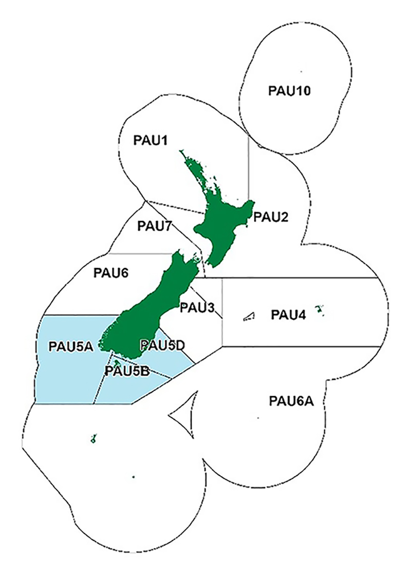 A map of New Zealand. The boundaries of the 10 paua fishery areas are shown. The 3 PAU 5 areas are highlighted in blue. They cover about the bottom third of the South Island.