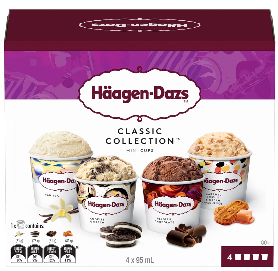 4-pack in a cardboard carton of Häagen-Dazs brand Classic Collection Mini Cups (4 x 95mL) 