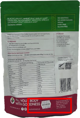 Back of the pouch with batch code.