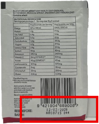 Back of the pack, with rectangle showing the batch code.