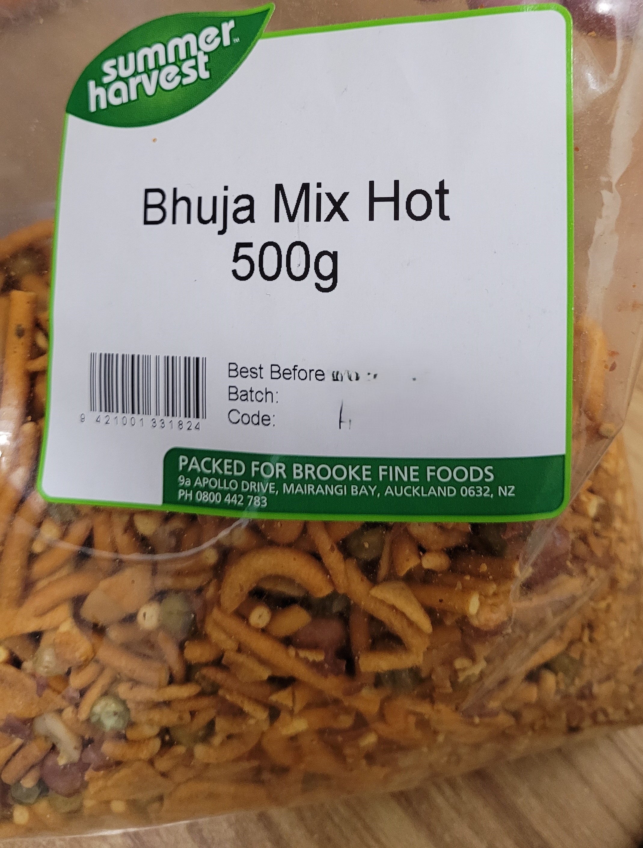 Label on clear plastic bag of yellow snack