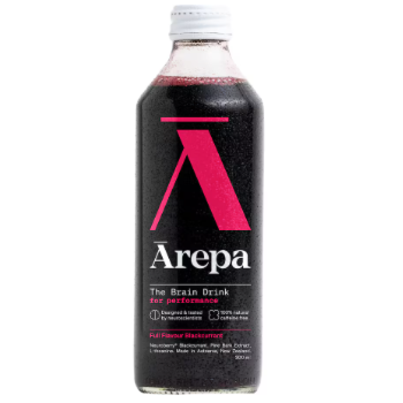 Glass bottle with dark red liquid and bright pink Ā logo