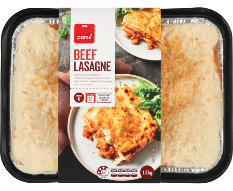 Lasagne in tin foil tray, wrapped in plastic.