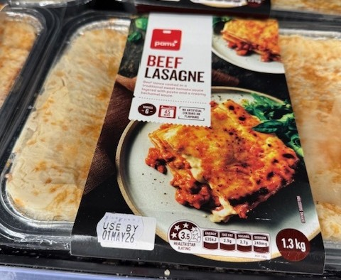 Sticker on lasagne packaging saying use by 1 May 26.