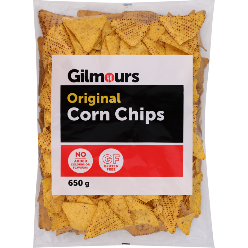 Corn chips in a clear plastic bag with a brand label