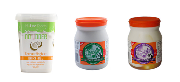 Plastic containers of No Udder brand and Alpine brand coconut yoghurt