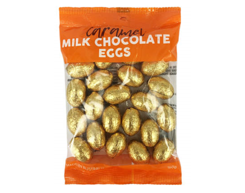 A plastic pack of Kmart brand Caramel Milk Chocolate Eggs (160g)