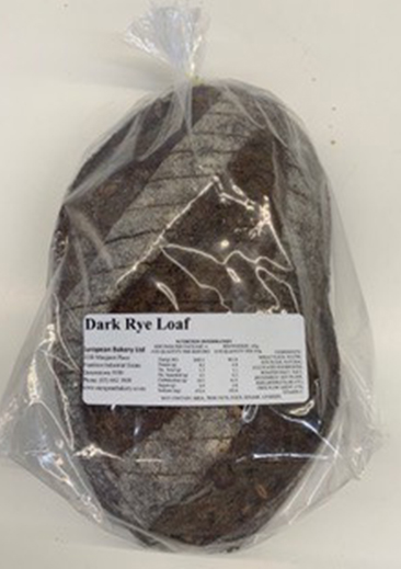 European Bakery Brand Dark Rye Loaf Sliced Loaf of sliced bread in a plastic bag with a 'European Bakery' label
