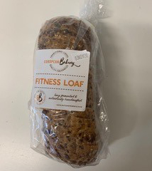 European Bakery Brand Fitness Loaf Small Small loaf of bread in a plastic bag with a 'European Bakery' label