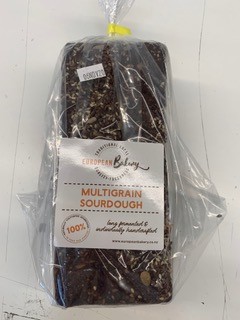 European Bakery Brand Multigrain Sourdough Bread Sliced Loaf of sliced bread in a plastic bag with a 'European Bakery' label