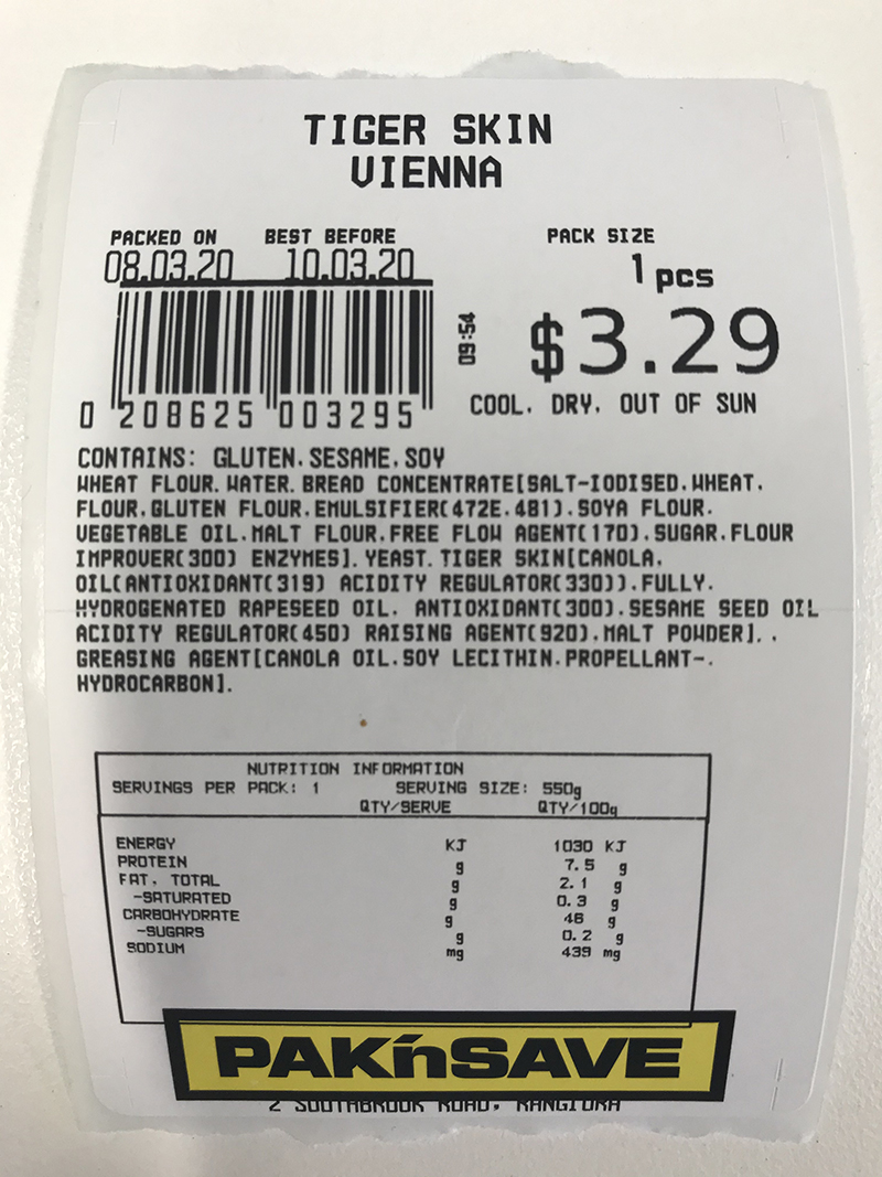 Pack of Pak'n Save Rangiora brand Tiger Skin Vienna (1 PCS)
