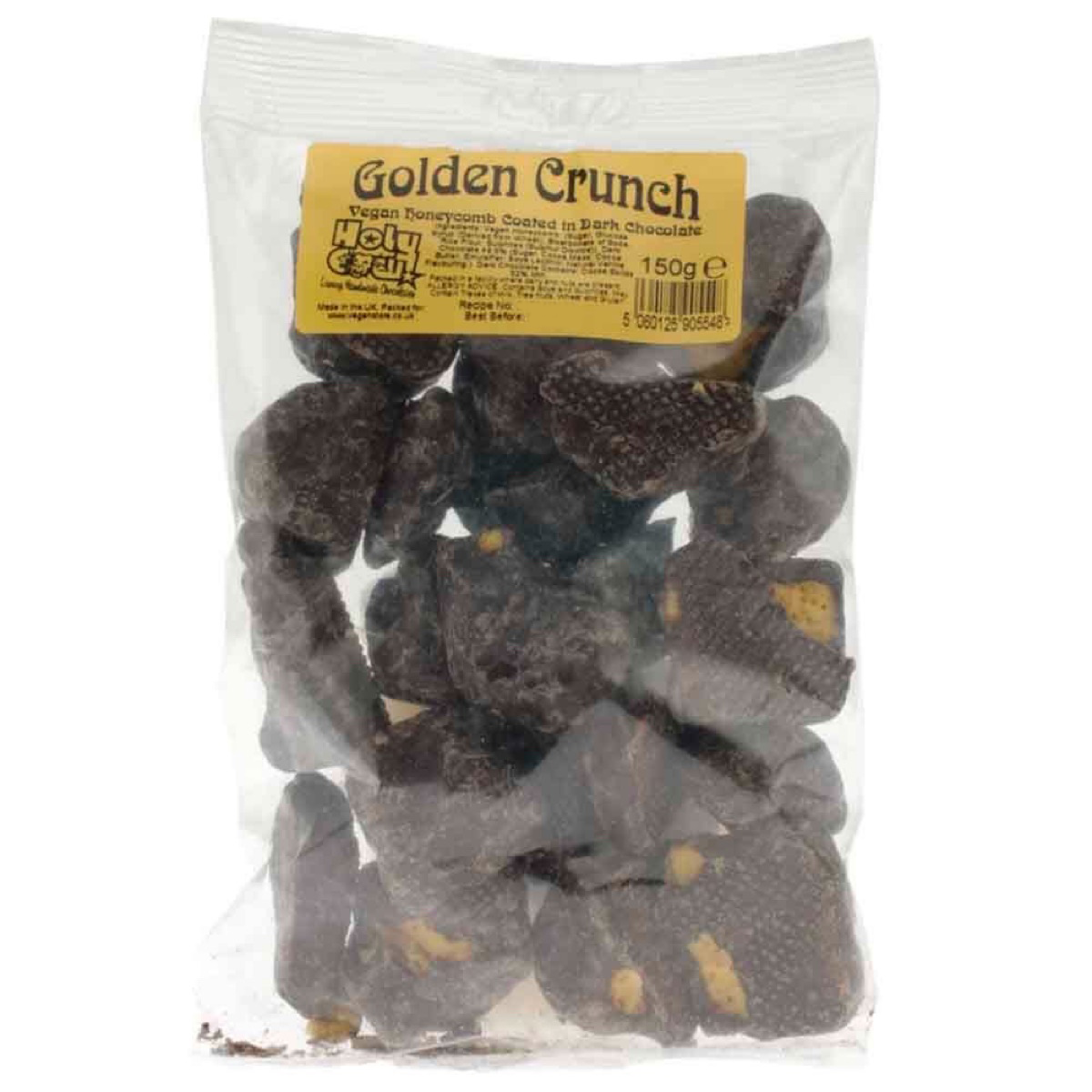 Sealed seethrough plastic bag containing Golden Crunch Vegan Honeycomb Coated in Dark Chocolate