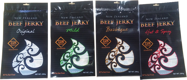 A row of the beef jerky packets from TDM Meats