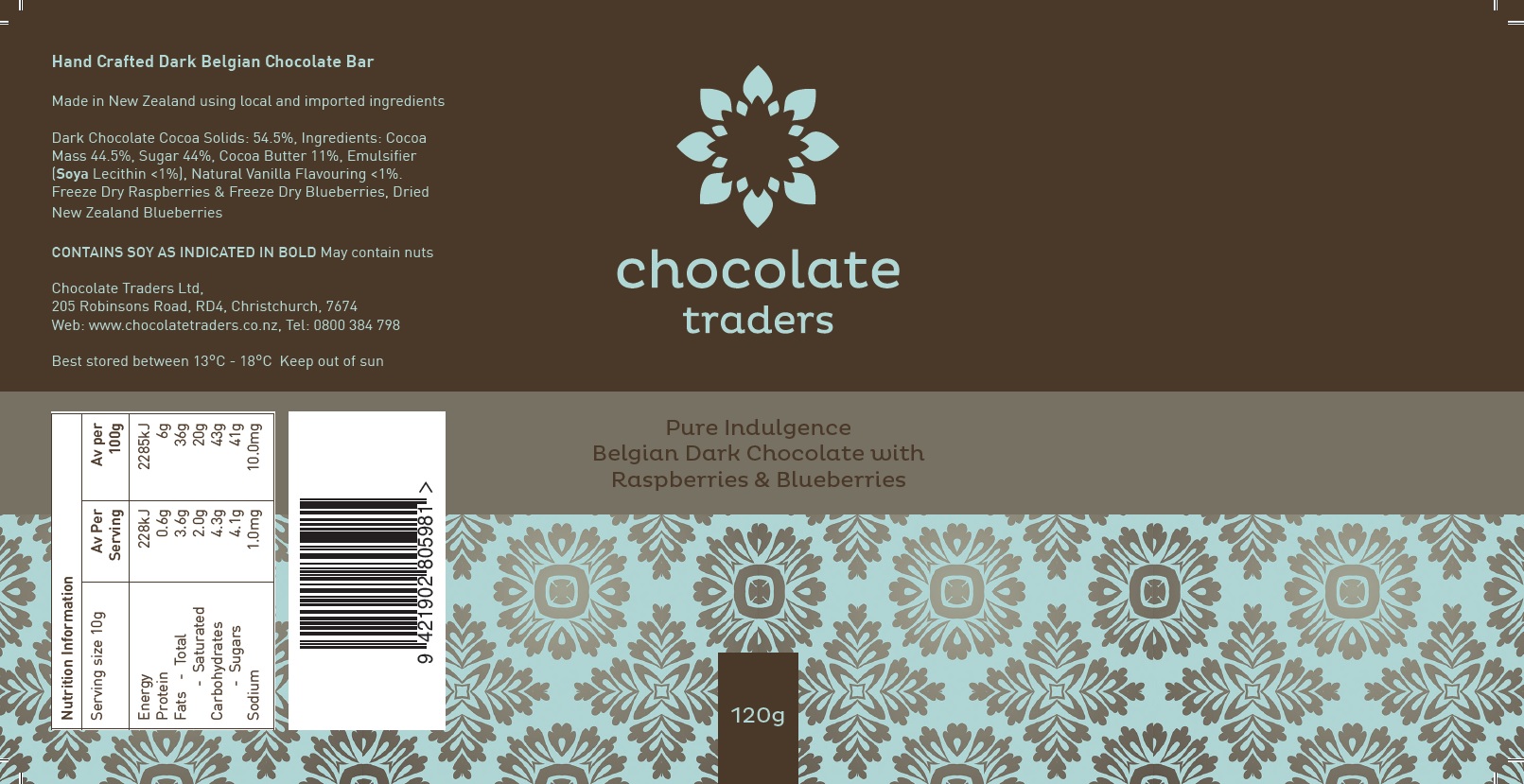 Pure Indulgence Dark Chocolate with Raspberries and Blueberries (120g)