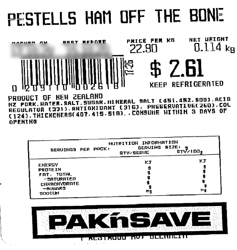 Label on pack of Pak’n Save Blenheim brand Ham off The Bone - Pestells