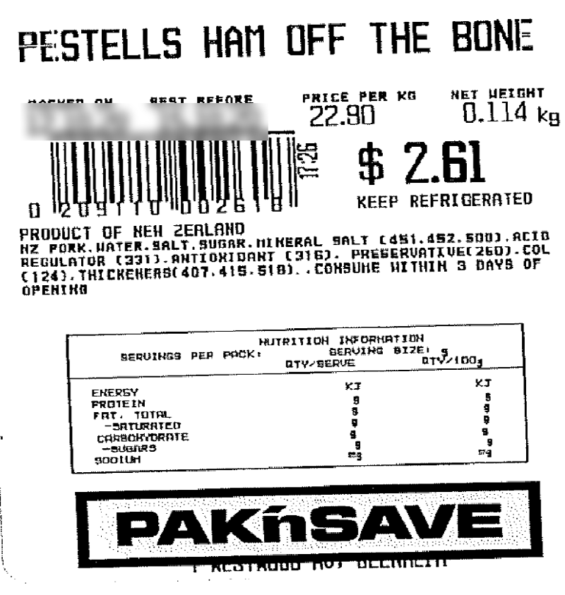 Pestells Ham Off The bone Label on pack of Pak’n Save Blenheim brand Ham off The Bone - Pestells