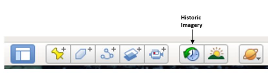 Screenshot of a row of buttons in Google Earth Pro showing the Historic imagery button which has a green arrow pointing anti-clockwise around a clock icon.