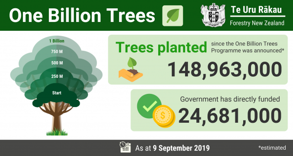 As at 9 September 2019, an estimated 148,963,000 trees have been planted since One Billion Trees was announced. The government has directly funded 24,681,000