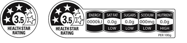 Health Star Rating labels, one with 3.5 stars only, another with 3.5 stars and nutrition information.