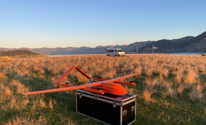 Red drone prior to launch in Lyttleton Harbour.