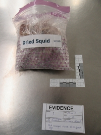 Plastic bag labelled dried squid next to evidence tag with the description 'Pork sausages inside dried squid bag.'
