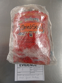 Plastic bag labelled dried squid with 2 internal bags – one containing dried squid, the other pork sausage pieces.