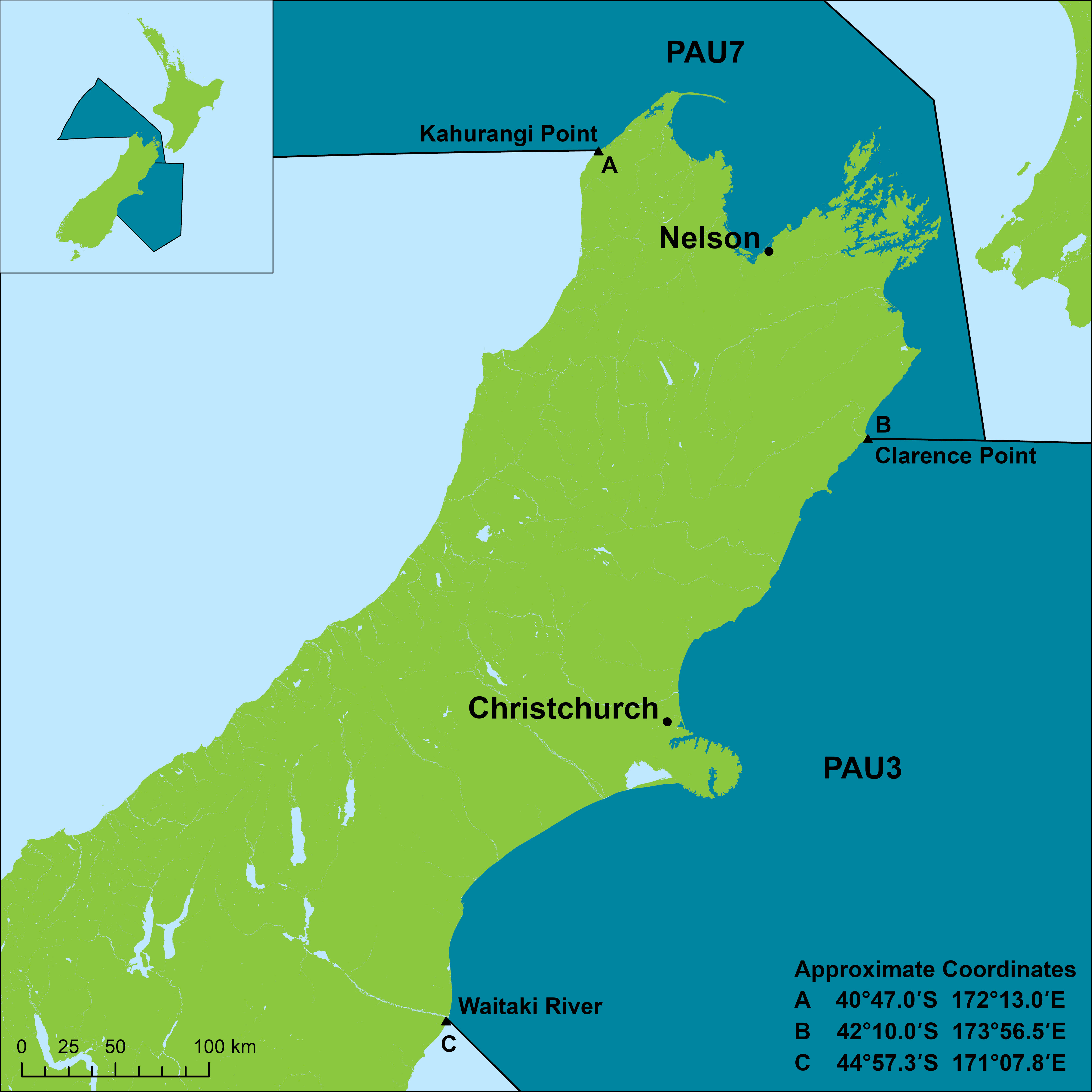 Map for the Canterbury pāua restriction