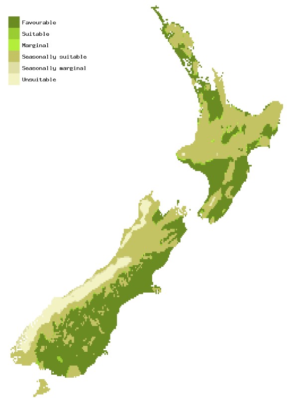Map of New Zealand showing areas where Asian longhorn beetle could establish