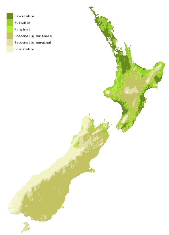 Map of New Zealand showing areas where Oriental fruit fly could establish