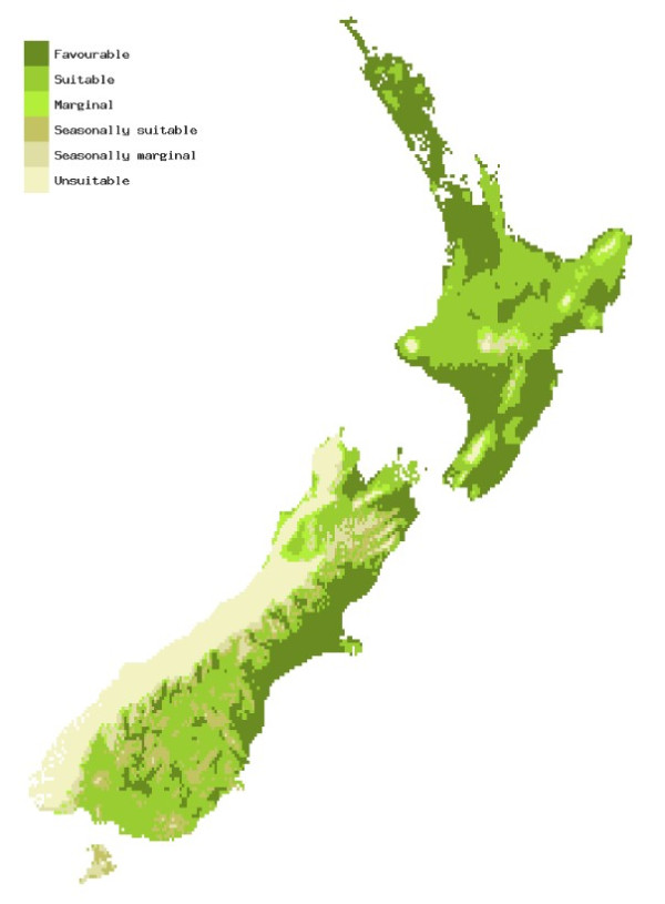 Map of New Zealand showing areas where Medfly (Mediterranean fruit fly) could establish