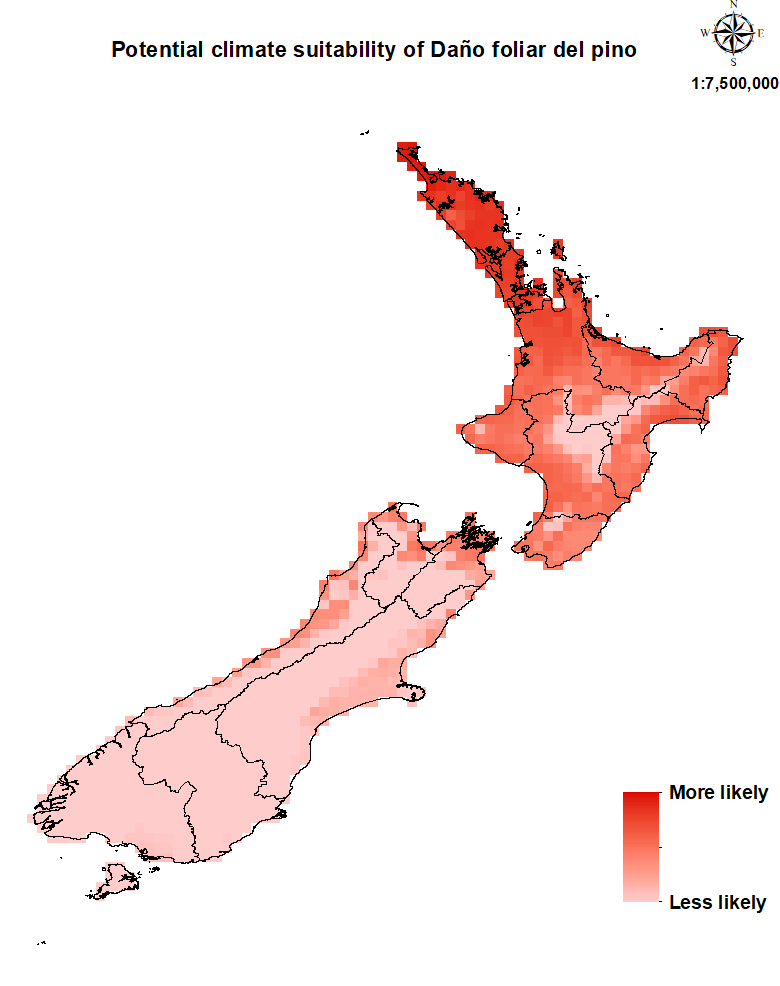 Map of New Zealand showing areas where daño foliar del pino (DFP) could establish.