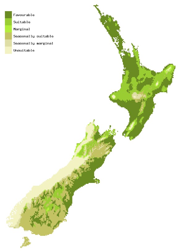 Map of New Zealand showing areas where Serpentine leaf miner could establish