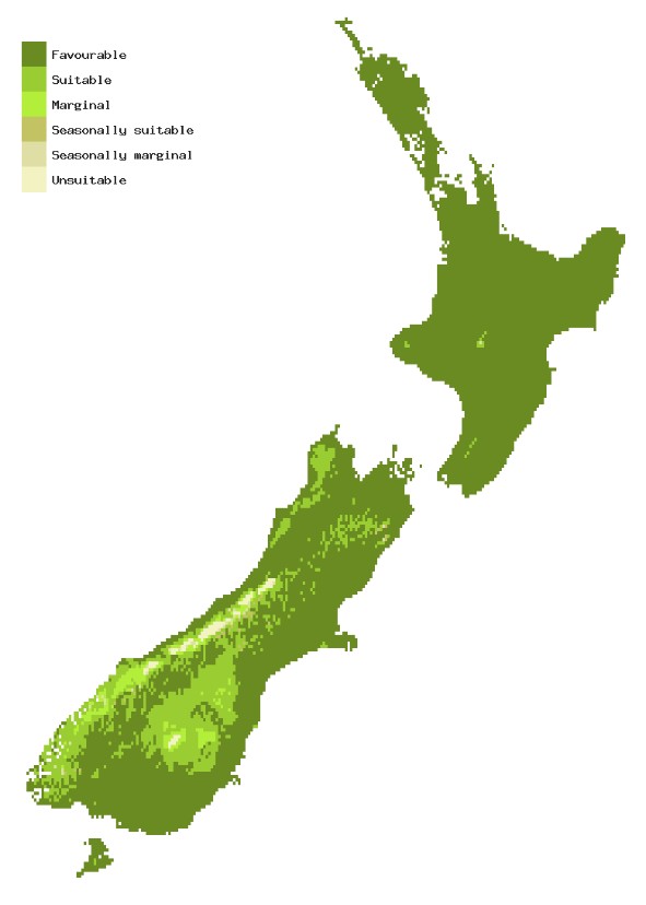 Map of New Zealand showing areas where Spotted lanternfly could establish
