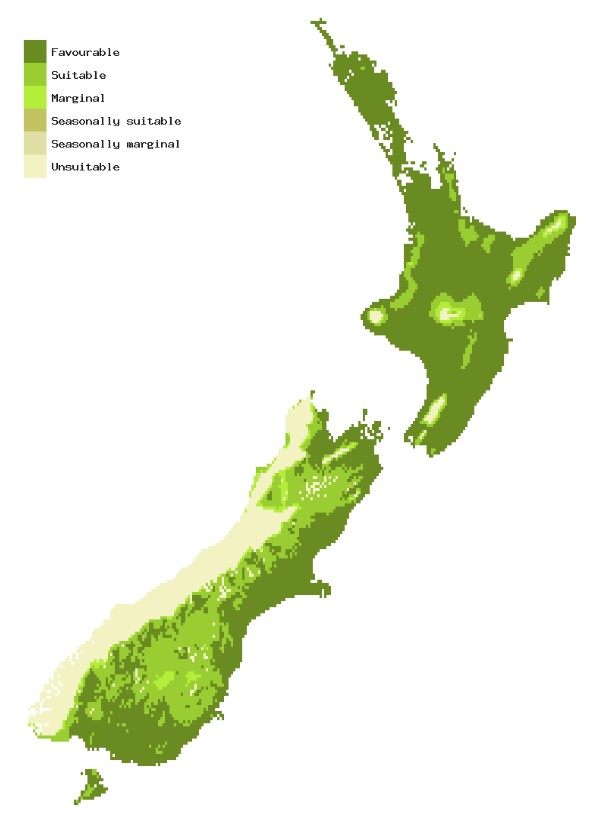 Map of New Zealand showing areas where Spongy moth could establish