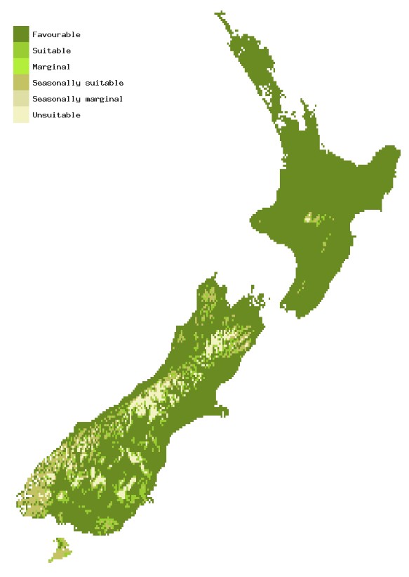 Map of New Zealand showing areas where Nun moth could establish