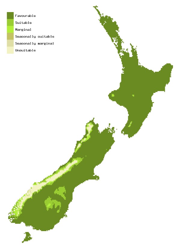 Map of New Zealand showing areas where Sudden oak death could establish