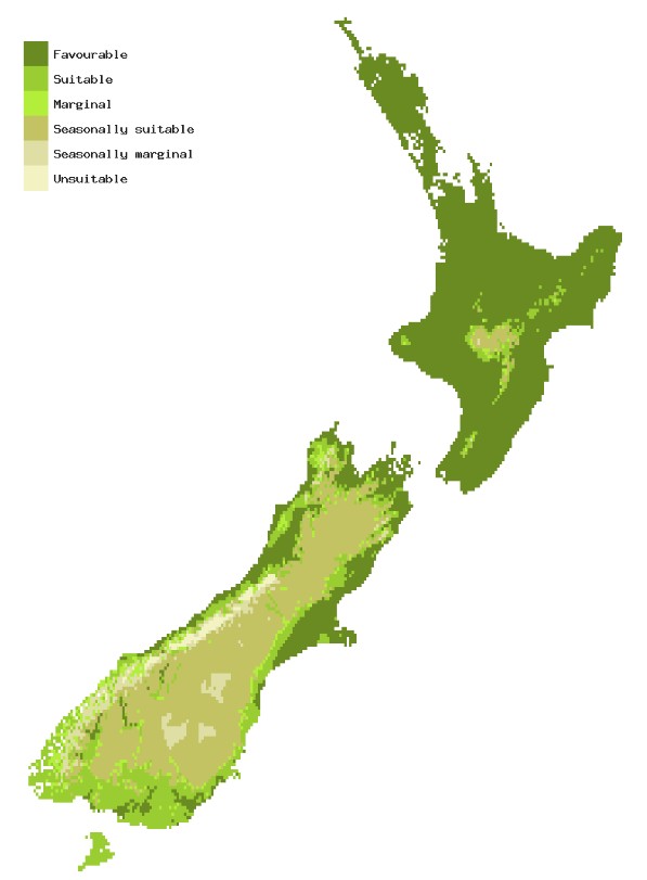 Map of New Zealand showing areas where Psa – new strains (kiwifruit vine canker) could establish