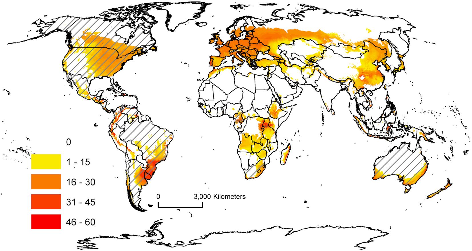 World map showing climate suitability of spongy moth.