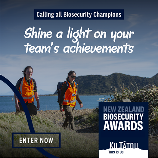 Biosecurity Awards Two people wearing high visability vests on a beach and text about the NZ Biosecurity Awards