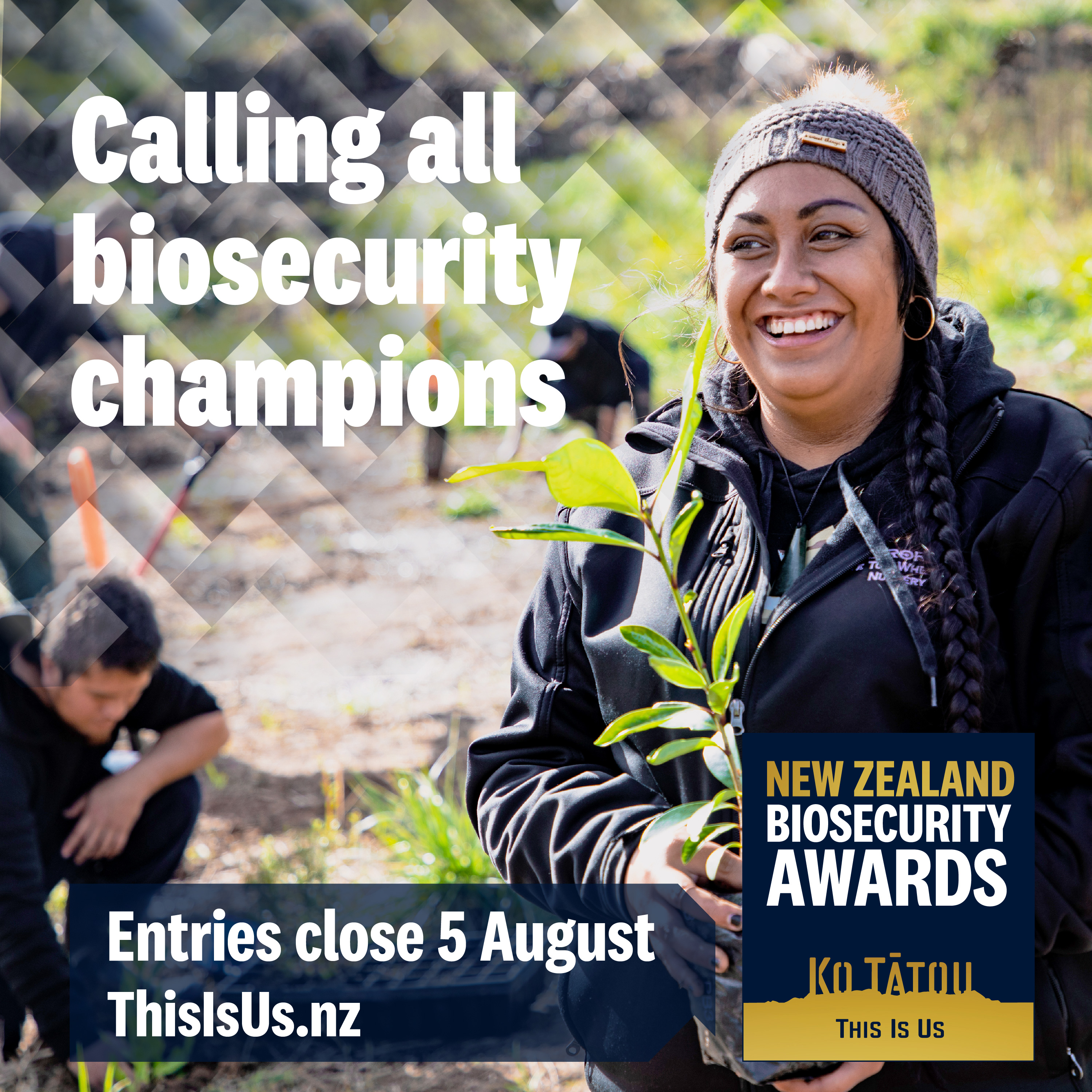 Three people at a gardening centre and one of them is holding a basket of plants. Text about the NZ Biosecurity Awards