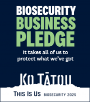 A block of text on a dark blue background. The text says Biosecurity Business Pledge, it takes all of us to protect what we've got.
