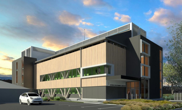 Artist's rendition of the laboratory: a building with grey panels and wooden wall sections, long horizontal windows, a flat roof, and a carpark in front.