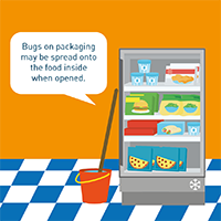 Food displayed in freezer with text 'Bugs on packaging may be spread onto food inside when opened'