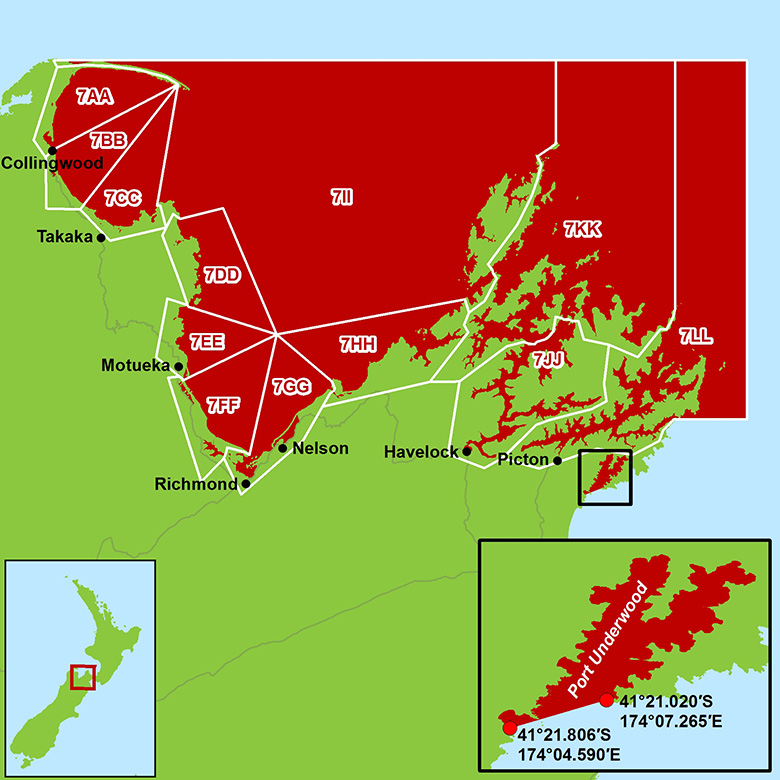 Map of Marlborough Sounds & Eastern Tasman Bay scallop fishery closing