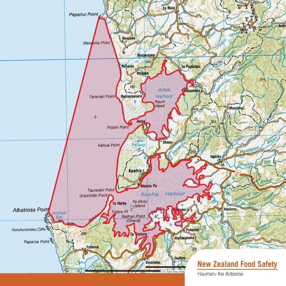 Map of the affected area in the Kawhia Harbour area, West Coast, North Island